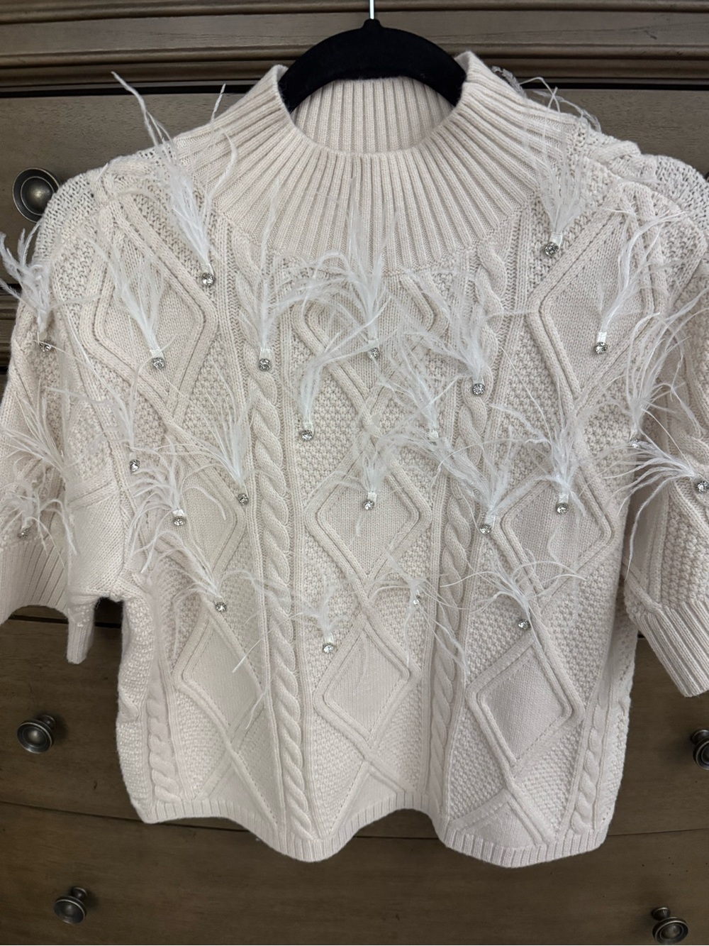 Ann Taylor Feather and Rhinestone Embellished Ivory Cable Knit Sweater